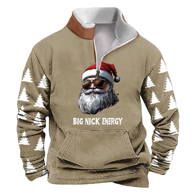 Sudadera sin capucha para hombre, de invierno, con cuello alto, cremallera, estampado navideño, jersey de manga larga, sudadera con capucha, blusa de poliéster para hombre