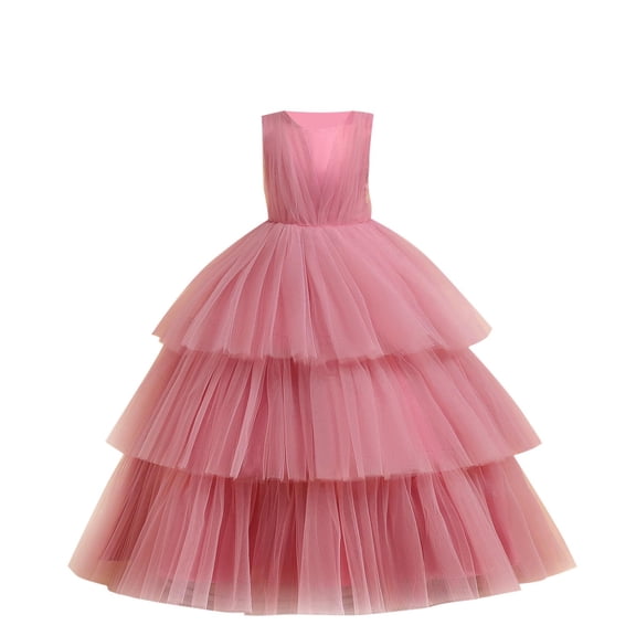SELONE Girls Fancy Dress Kids Sleeveless Princess Dress Crew Neck Maxi Gown Mesh Bow Formal Outfits 7-14Y