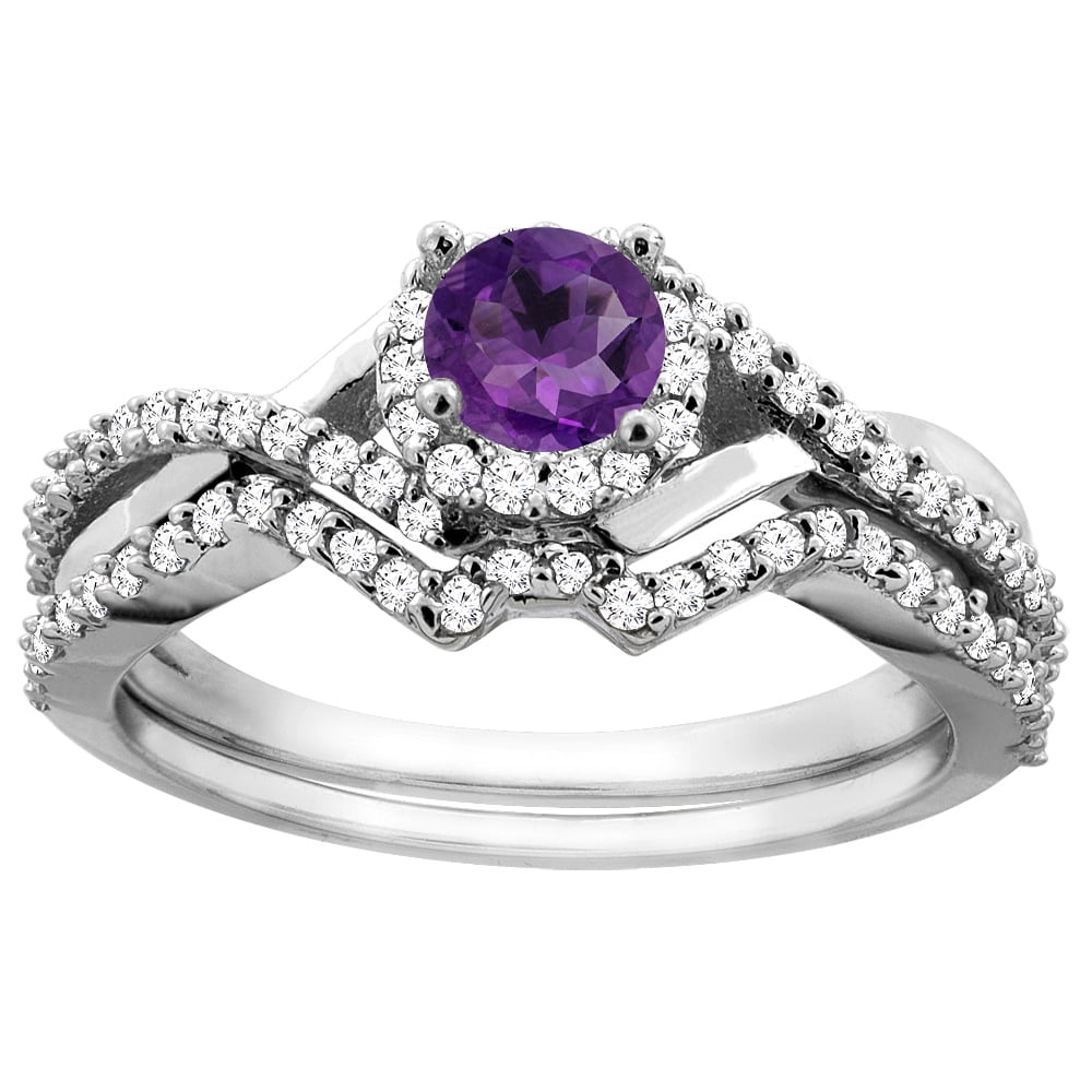 14K White Gold Natural Amethyst 2-piece Bridal Ring Set Round 5mm, size 6 by Gabriella Gold