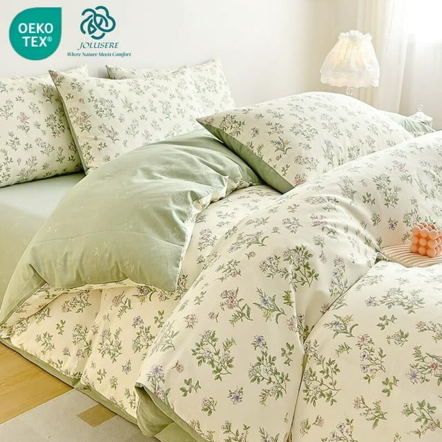 JOLUSERE Ensemble de Housse de Couette en Coton Biologique 100 %, 3 Pcs Blanc avec Motif de Feuilles Vertes et Fleurs Roses, Ensemble de Literie Réversible et Doux Grand Lit
