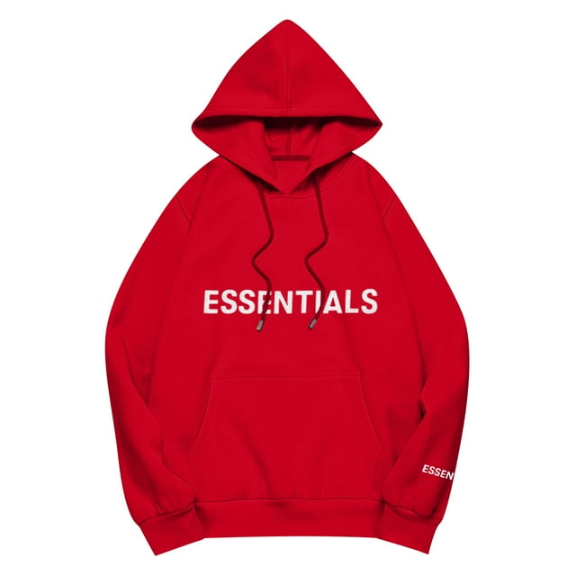 Pullover Hoodie with Adjustable Drawstring Hood and Front ESSENTIALS Lettering Print Casual Loose Fit Design Red M