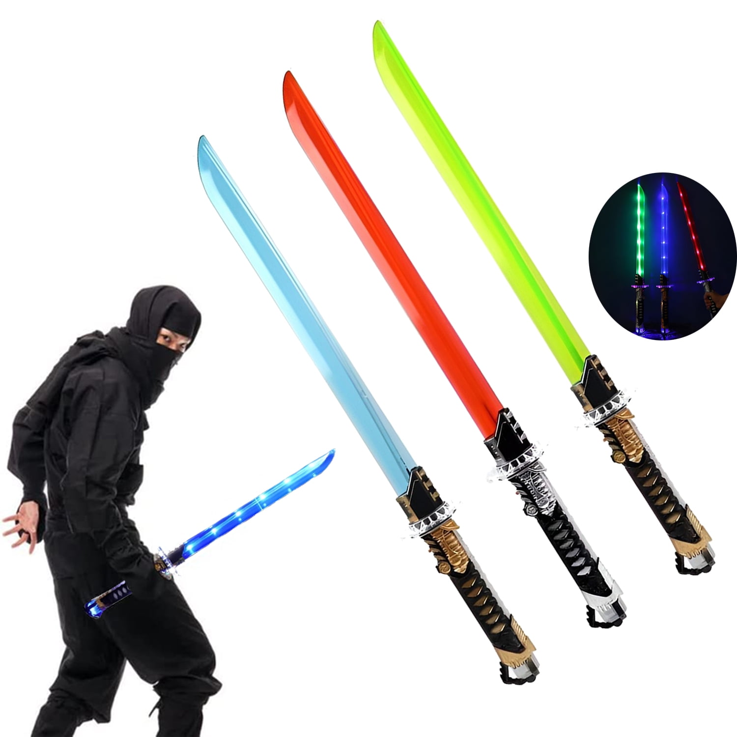Deluxe LED Light up Ninja Toy Sword with Motion Activated Clanging Sounds (Green)