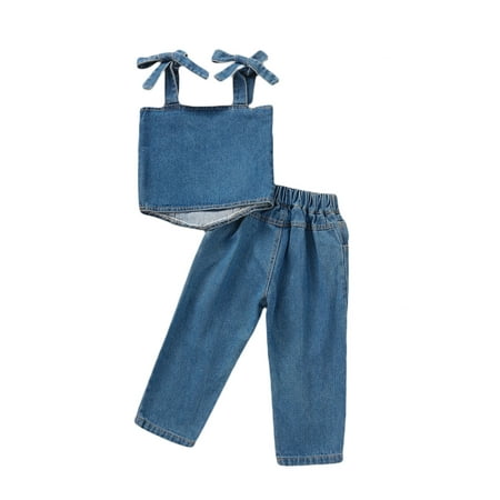 

Kuriozud 2Pcs Toddler Girl Summer Sleeveless Tie Strap Tops Jeans