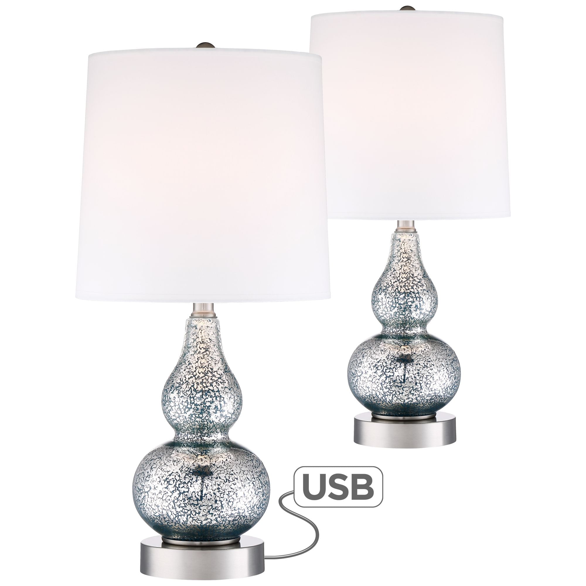 360 Lighting Modern Accent Table Lamps Set Of 2 With Usb Charging Port Blue Mercury Glass White Drum Shade For Living Room Family