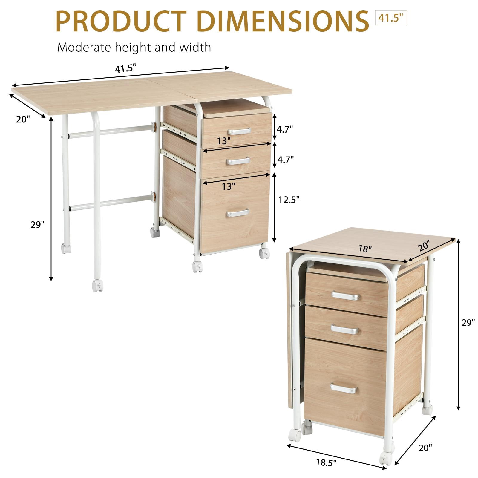 Giantex Folding Computer Study Desk, Home Office Desk w/Smooth Wheels & Large Drawers, Mobile Laptop Desk Writing Table (Natural)