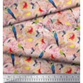 thumbnail image 2 of Soimoi Orange Cotton Cambric Fabric Floral,Parrot & Hummingbird Bird Printed Fabric 1 Yard 56 Inch Wide, 2 of 3