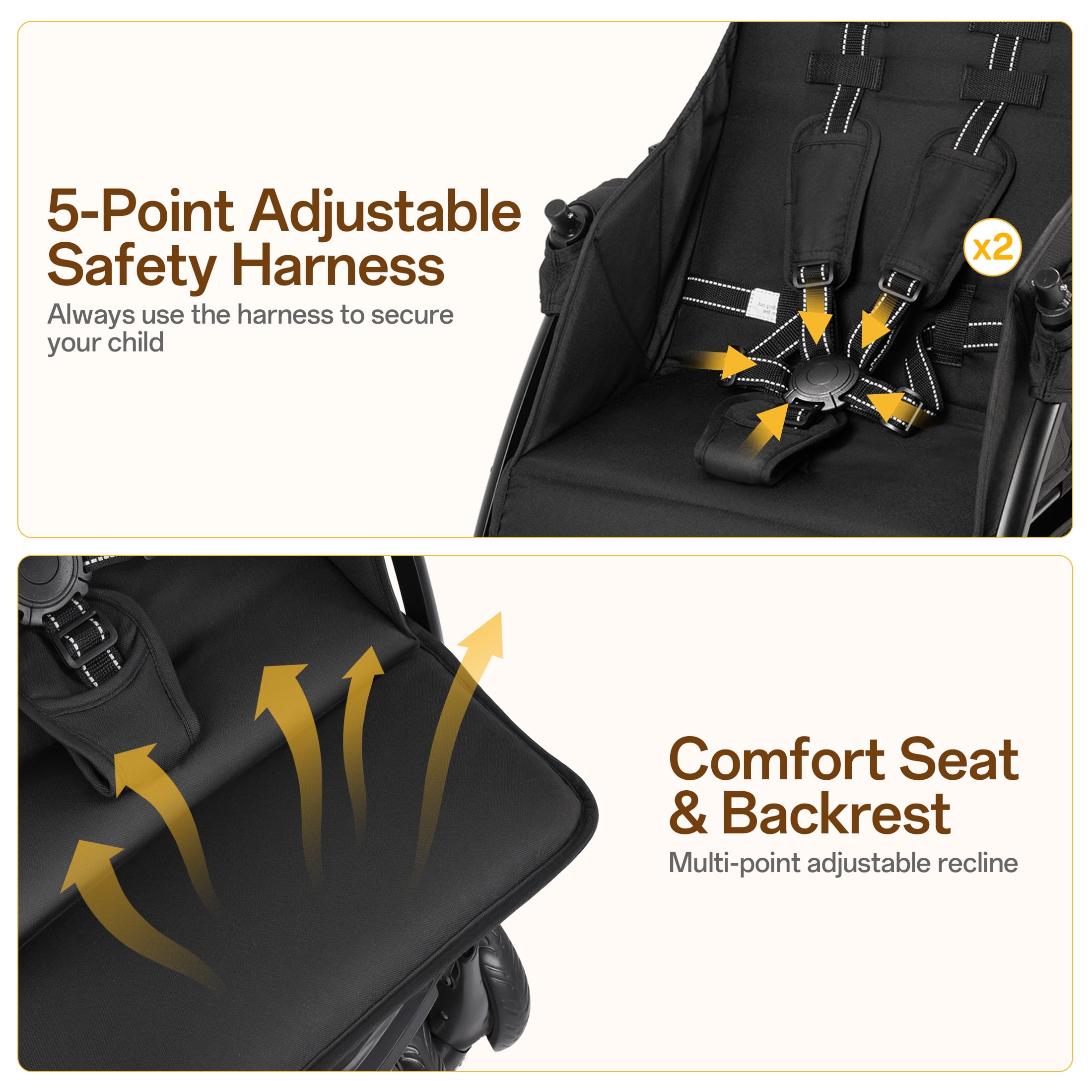Vomeast Double Stroller for Twins, Foldable Lightweight Travel Stroller for Infant and Toddler, 5-Point Harness, Adjustable Canopy & Reclining Seat, Black