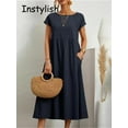 thumbnail image 4 of Lindbes Robe Maxi Élégante Unie pour Femmes Été à Manches Courtes Col Rond Vintage Harajuku Coton Lin Ample Robe d'Été Y2K avec Poches Longue Robe, 4 of 7