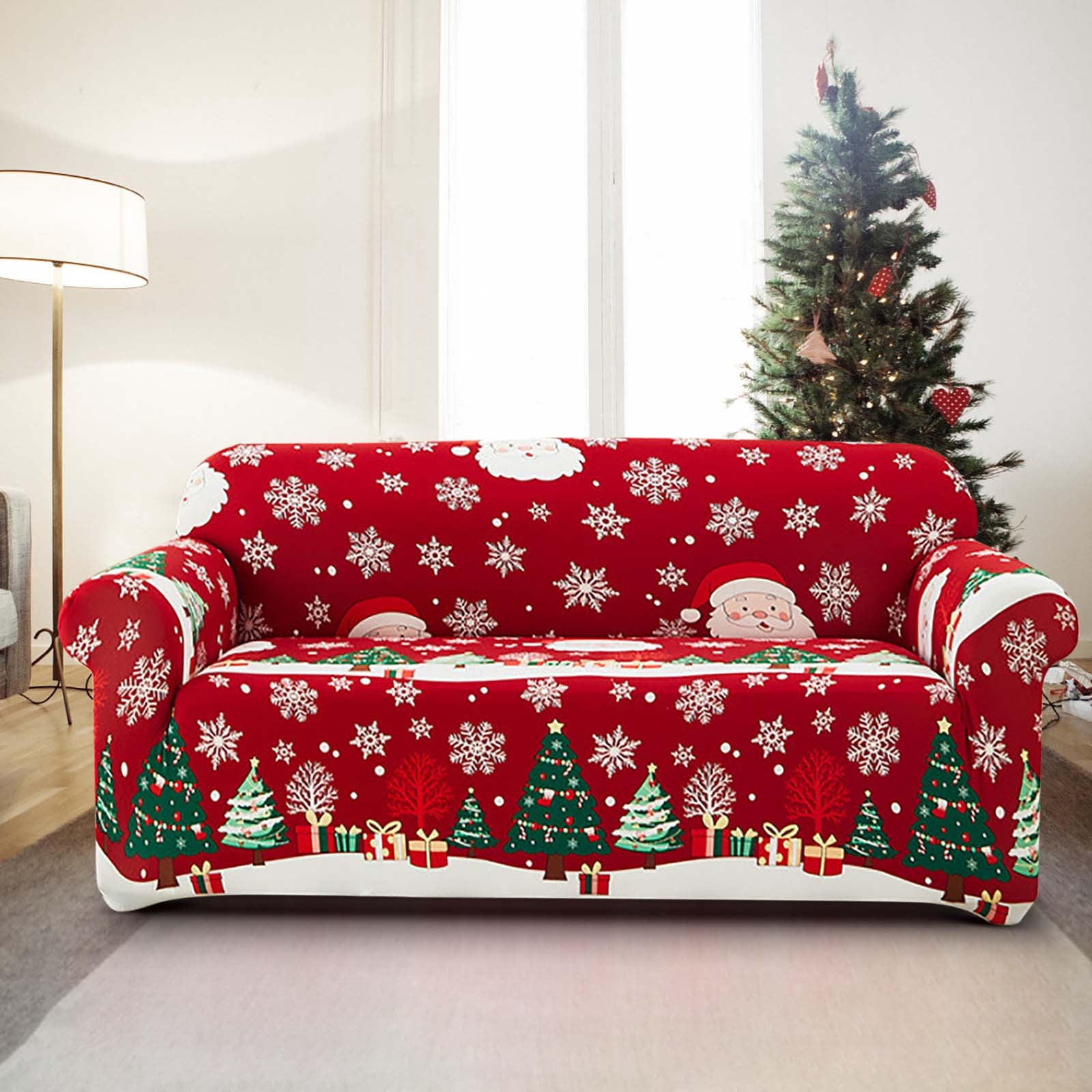 Loyerfyivos Christmas Sofa Cover Santa Claus Printed Sofa Couch Cover Washable Furniture Protector with Elastic Bottom Xmas Home Room Festival Decoration (3 Seater)