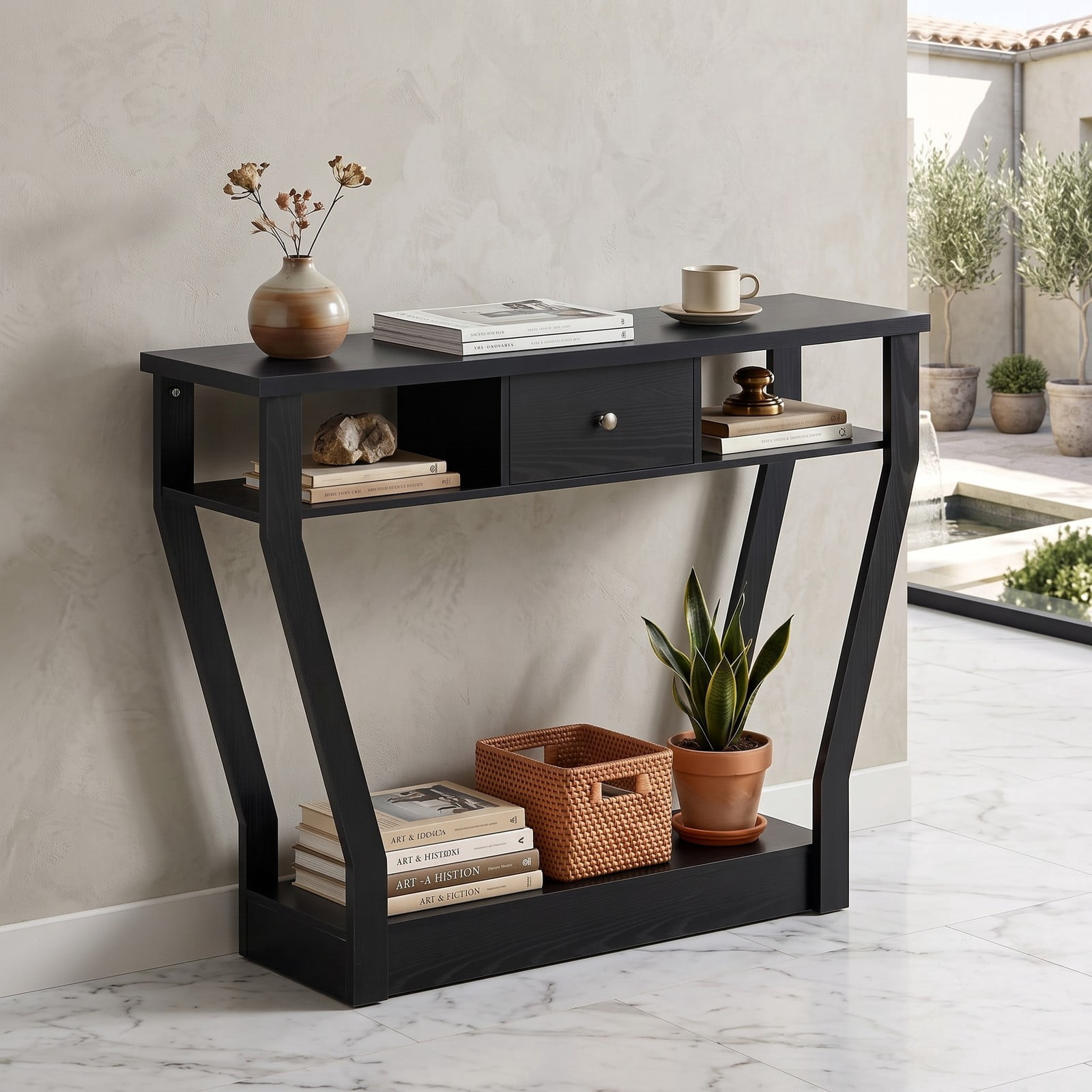 Furnibear Curved Frame Console Table with Storage Drawer and Open Shelves and Angled Legs for Entryway and Hallway, Black