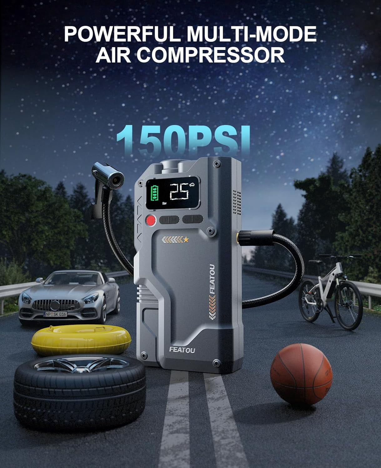 FEATOU V5 Portable Car Jump Starter with Air Compressor, 5000A 12V Battery Booster for 10.0L Gas/9.0L Diesel Engines, LED Light, USB QC 3.0