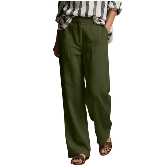 Levmjia Women Wide Leg Cotton Linen Pants High Waisted Elastic Waist Summer Casual Pure Color Loose Fit Breathable Lightweight Comfortable Pants For Women With Side Pockets