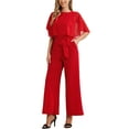 thumbnail image 4 of INSPIRE CHIC Casual Romper for Women's Ruffle Sleeve Belted Wide Leg Pants Jumpsuit M Red, 4 of 5