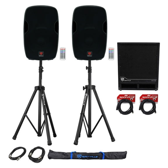(2) Rockville 15" Powered Speakers Stands Subwoofer For Backyard Movie Theater