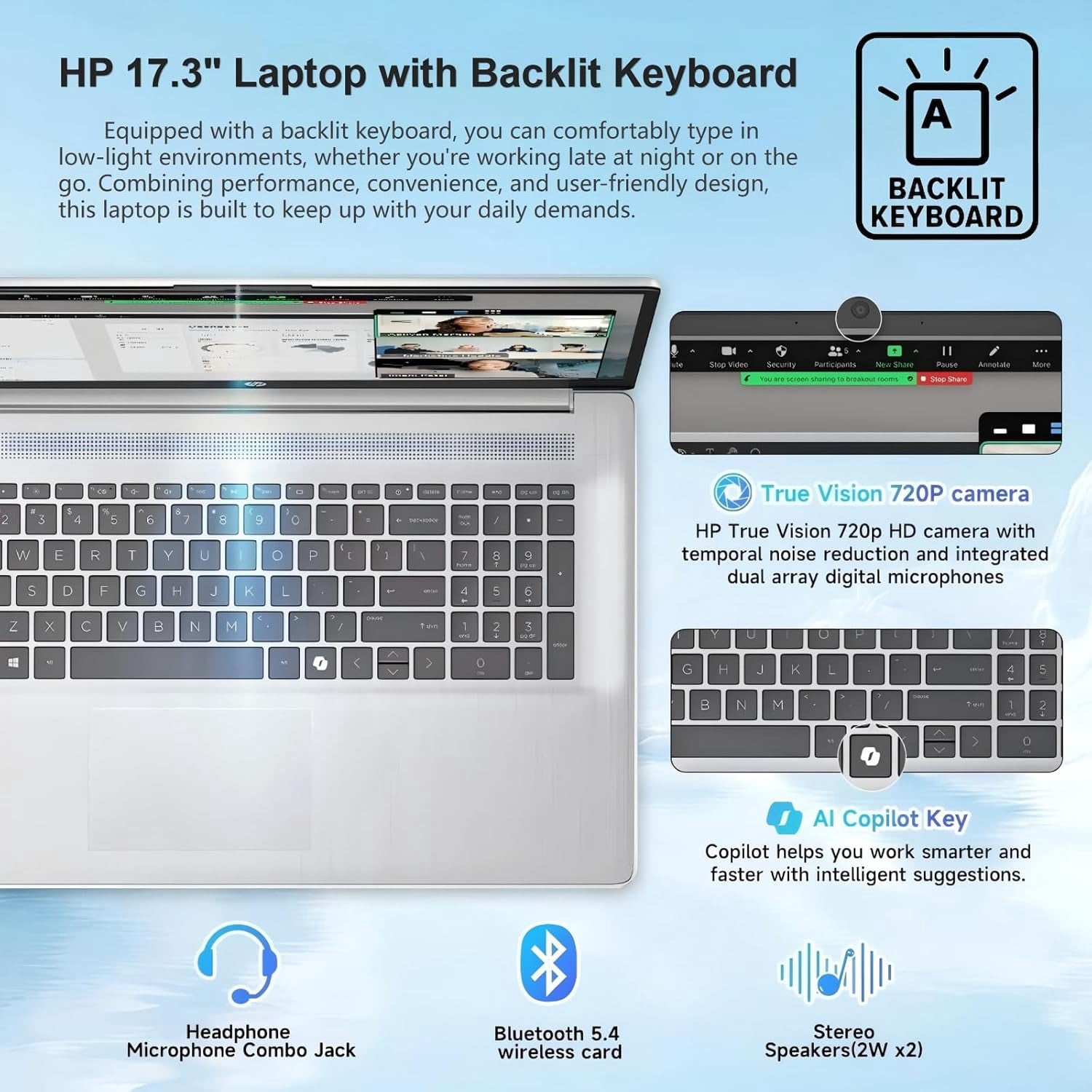 HP 17.3" Touchscreen Business Laptop, AMD Ryzen 5 7430U, 12GB RAM, 512GB SSD, Backlit Keyboard, Windows 11 Pro, Wi-Fi 6, HD+ Display, Silver