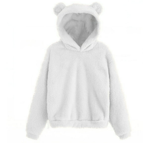 Resicozy Cute Bear Ears Hoodie Long Sleeve Warm 2025 Hoodies Solid Winter Sweatshirts Hooded Outerwear White XL