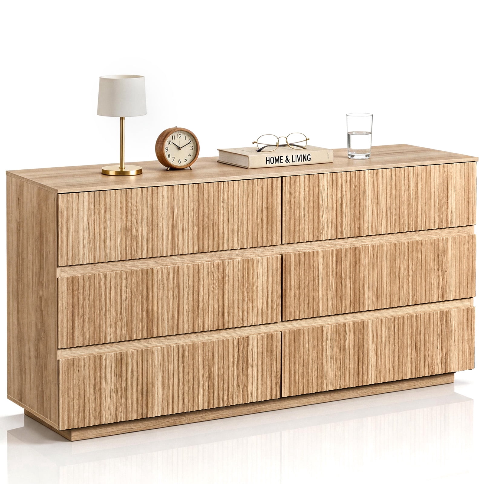 Handleless 6-Drawer Dresser with Grille Finish P2 Particleboard + MDF & Melamine Veneer + Vacuum-Formed Storage Cabinet 55.12*15.75*27.95in Oak