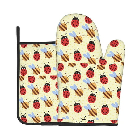 

Vsdgher Ladybug And Bee Oven Mitts and Pot Holders 2 pcs Set High Heat Resistant Kitchen Oven Glove for Baking and Cooking