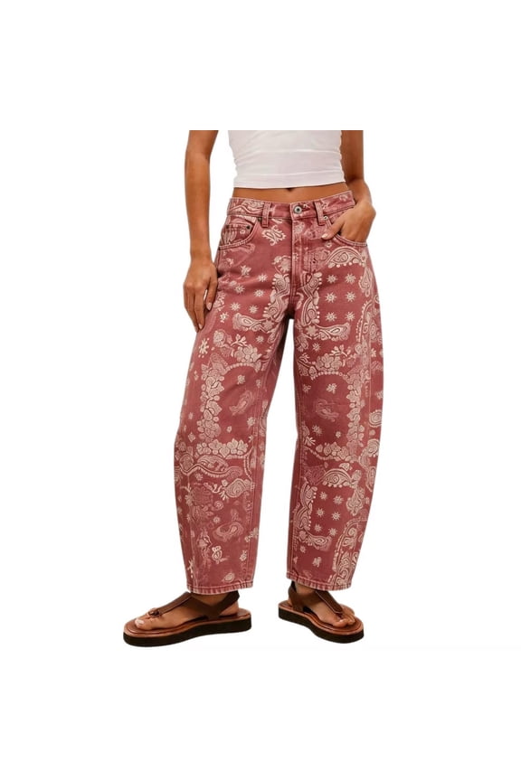 Boho Pants for Women Floral Printed Mid Rise Wide Leg Jeans Vintage Y2k Baggy Barrel Jeans with Pocket