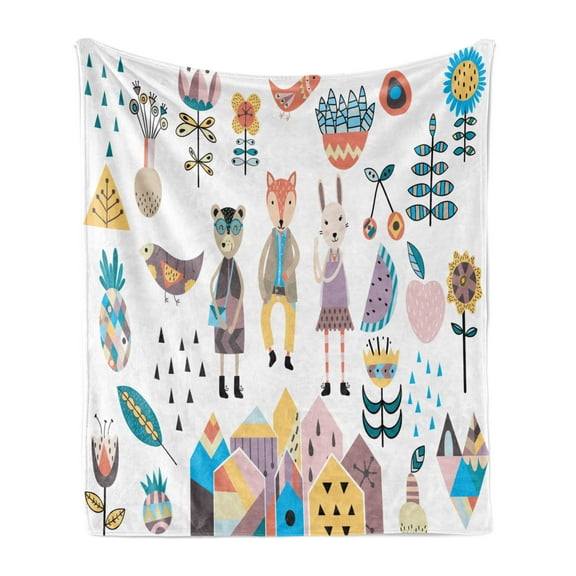 Cartoon Soft Flannel Fleece Blanket, Hand Drawn Fox Bunny and Bear with Human Clothing Scandinavian Style Cartoon Motifs, Cozy Plush for Indoor and Outdoor Use, 50" x 70", Multicolor, by Ambesonne