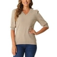 thumbnail image 1 of INSPIRE CHIC Blusas de manga abullonada para mujeres, tops de suéter con cuello en V, camisetas de manga corta, blusa de punto casual M Melocotón, 1 of 6