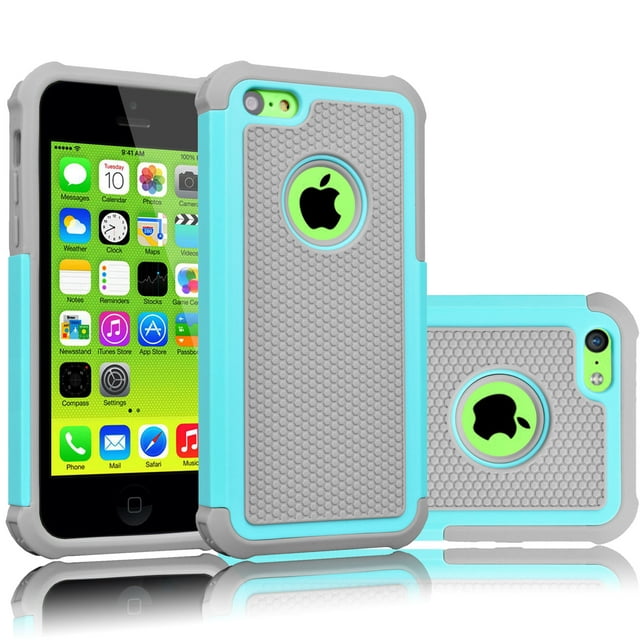 iPhone 5C Case, Tekcoo(TM) [Tmajor Series] [Turquoise/Grey] Shock Absorbing Hybrid Impact Defender Rugged Slim Case Cover Shell For Apple iPhone 5C Hard Plastic Outer + Rubber Silicone Inner