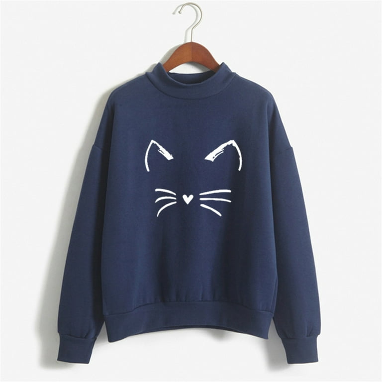 RQYYD Women s Casual Crewneck Sweatshirt Cute Cat Print Trendy Comfy Soft Tops Long Sleeve Loose Sweater Blue M Walmart