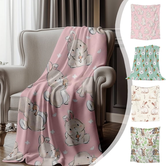 FAMTKT Cute Bunny Blanket Floral Fleece Throw, Gifts for Kids Girls, Soft & Warm, Lightweight Throw Blanket for Modern Decor, Room Home Flannel Wool Blanket