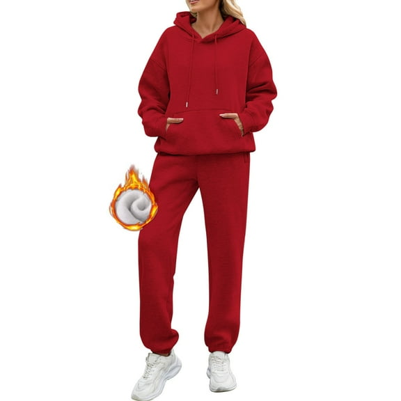 Sweatsuits Women 2 Piece Outfit Fleece Oversized Hoodie Joggers Sweatpants Track Suits Matching Lounge Pants Sets Red XL