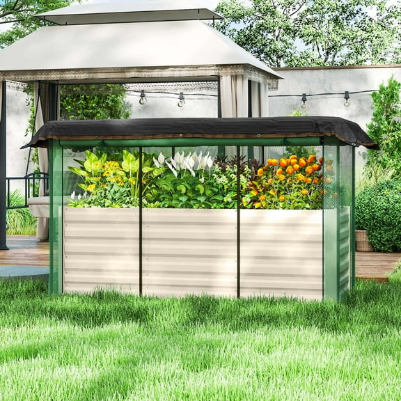 Outsunny Galvanized Raised Garden Bed, Planter Box with Crop Cage and Shade Cloth, Beige