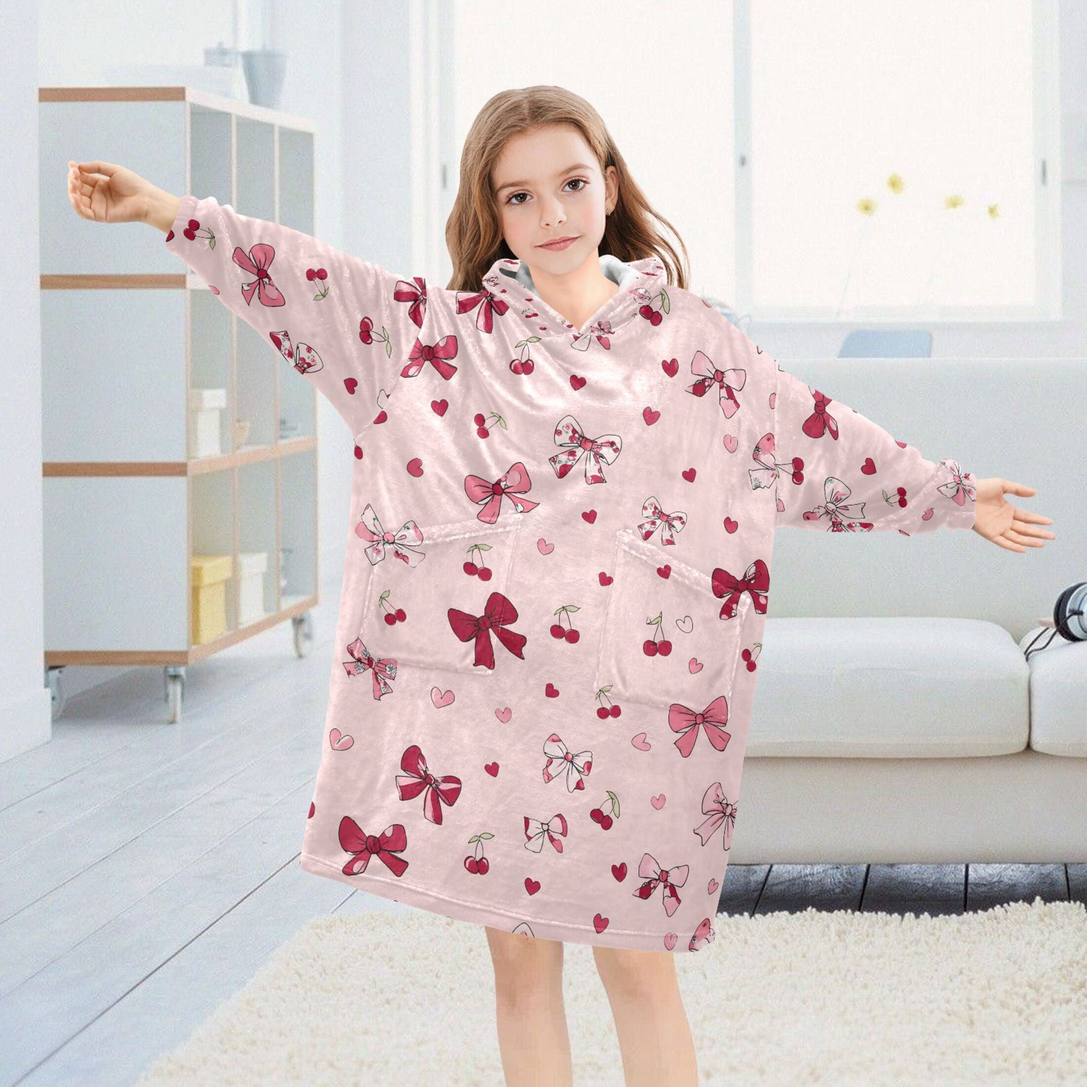 joogoo Wearable Blanket Hoodie for Bows Hearts Cherry Flannel Sherpa Pocket 3-14 YR S