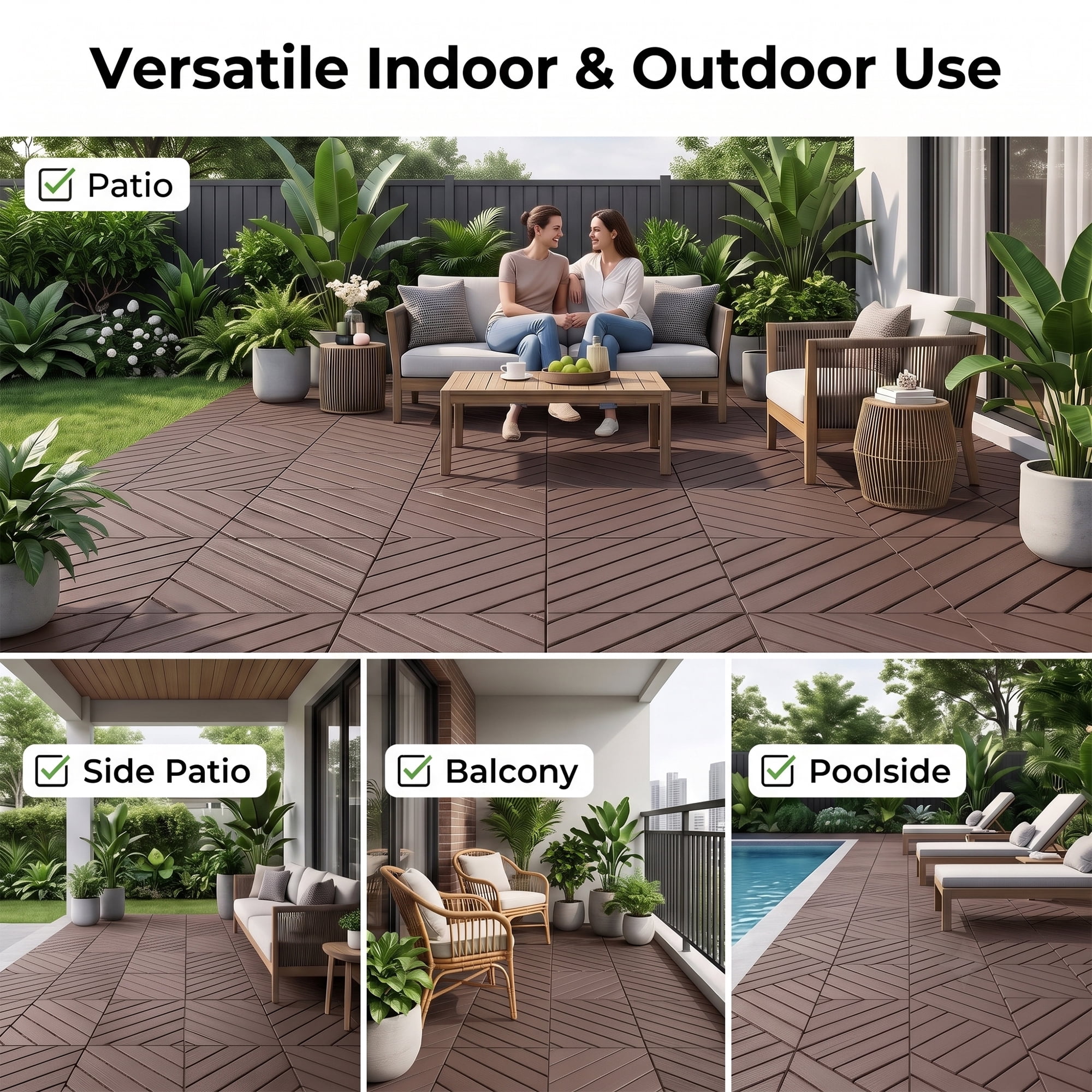 Interlocking Deck Tiles 44-Pack 12x12 Inch, Waterproof Patio Flooring and Snap Together Decking Tiles with Non-Slip Surface for Poolside Porch Garden, Brown