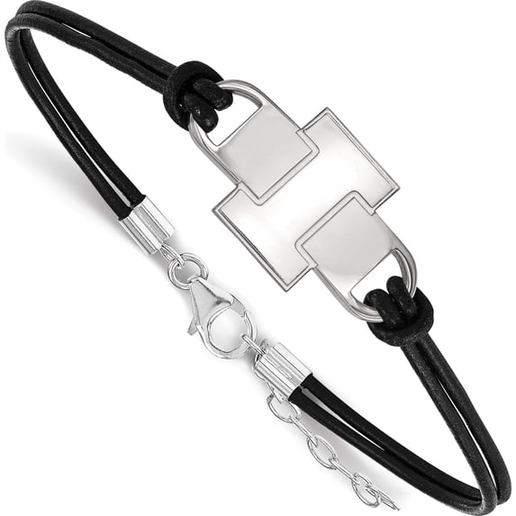 Sterling Silver Ss Rh-P Logoart University Of Illinois Small Center Leather Bracele (7 X 24) Made In United States ss023uil-7