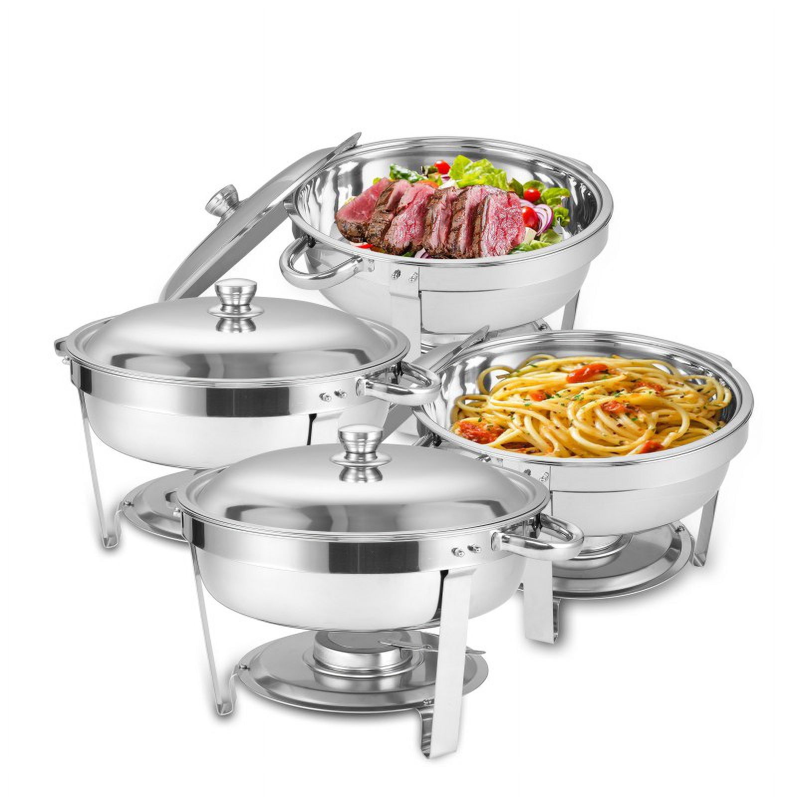 Round Buffet Catering Dish Set of 4 with Stainless Steel Construction, 5-Quart Chafing Dish for Parties and Events, Silver