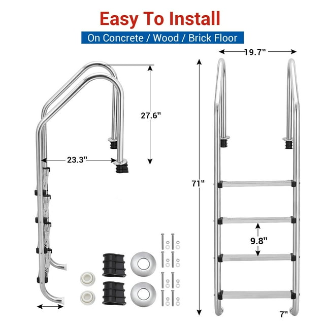 EDTara Heavy Duty Stainless Steel Pool Steps, Non-Slip Swimming Pool Ladder for Deep End, Easy Assembly, 380lbs Load Capacity - Perfect for Indoor/Outdoor Pools