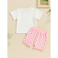 thumbnail image 4 of Bslissey Toddler Baby Girls Summer Shorts Sets Short Sleeve Letter Flower Print T-shirt Tops + Elastic Waist Checkerboard Shorts 3M-3T Infant Casual 2Pcs Outfits, 4 of 9