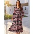 thumbnail image 5 of DARING DIVA Long Sleeve Floral V Neck Boho Chiffon Midi Dress S Black, 5 of 8