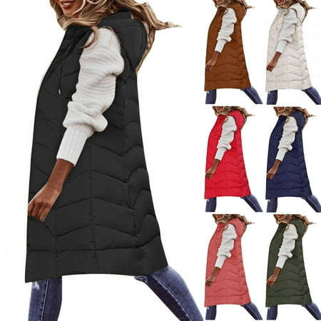 YOIAVAIOY Long Puffer Vest for Women Sleveless Zip Up Hoodies Quilted Down Jacket Oversized Boyfriend Coats Thickened Warm Waistcoats White XXXXL