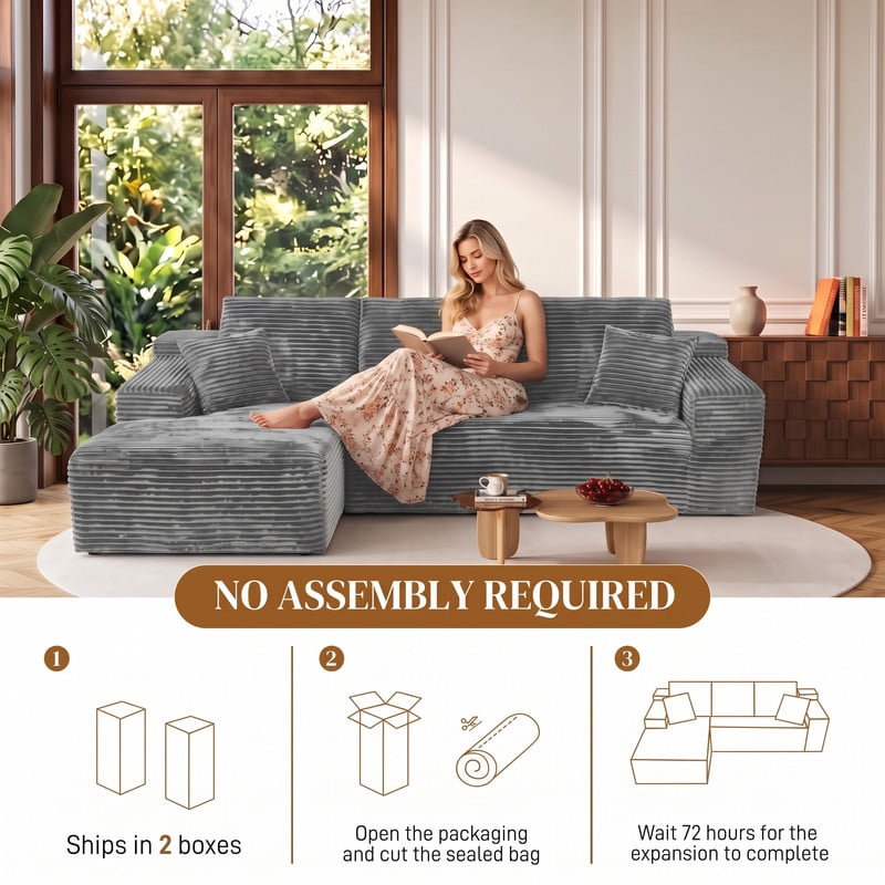 avobird 107" Boneless Cloud Modular Sectional Sofa Couch with Left Side L-Shape Chaise,Modern Corduroy Upholstered Couches for Living Room Bedroom,Deep Seat Corner Couch, Dark Gray