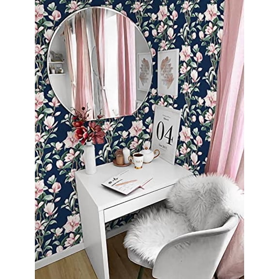 NextWall Magnolia Trail Floral Peel and Stick Wallpaper (Navy & Blush)