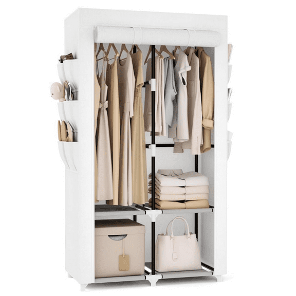 Closet Wardrobe Closet for Hanging Clothes with 4 Storage Shelves, 2 Hanging Rods and 6 Pockets, Stable and Easy Assembly Clothes Rack with Cover Free Standing Closet, White
