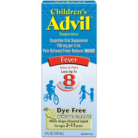 Advil Children's Fever Reducer/Pain Reliever Dye-Free, 100mg Ibuprofen. White Grape Flavor Oral Suspension, 4