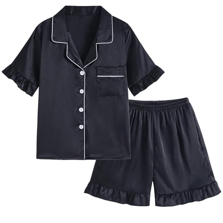 Rggeeun Girls Child Outfit Sets Solid Color Half Sleeve Square Neck Front Buttons Cardigan with Side Pocket Top Elastic Waist Ruched Hem Shorts for Summer Everyday Wear Cozy Set Black 13-14 Years