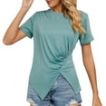 thumbnail image 1 of Camiseta informal de cuello redondo para mujer: camiseta básica de verano con pantalones cortos vaqueros, color liso, detalles plisados, tejido ligero., 1 of 1