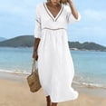 thumbnail image 6 of Axiiglly Summer Dresses for Women 2026 Cotton Linen V Neck Half Sleeve Beach Boho Eyelet Lace Trim Flowy Maxi Sundresses White L, 6 of 8
