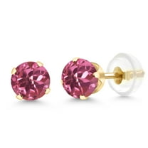 Gem Stone King 1.04 Cttw Round 5MM Pink Tourmaline 14K Yellow Gold Stud Earrings for Women