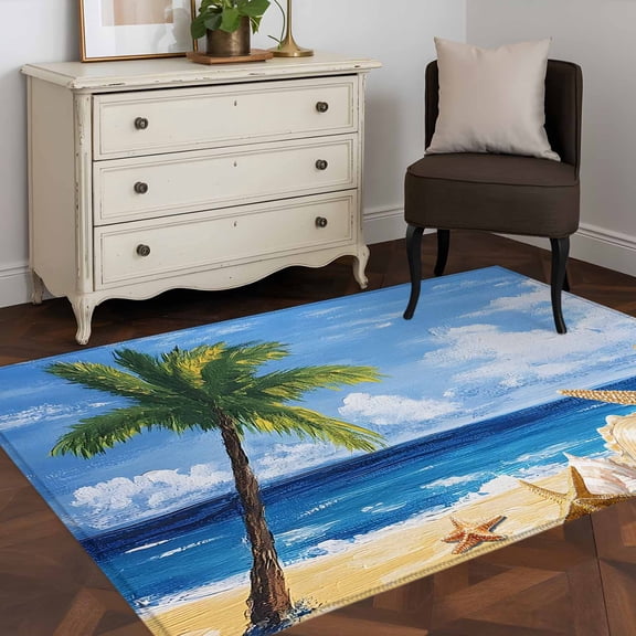 3'x5' Area Rugs, Summer Palm Tree Indoor Outdoor Area Rug for Living Room Bedroom, Beach Ocean Coastal Starfish Shells Washable Bathroom Rugs Kitchen Floor Carpet Mats Home Decor Aesthetic