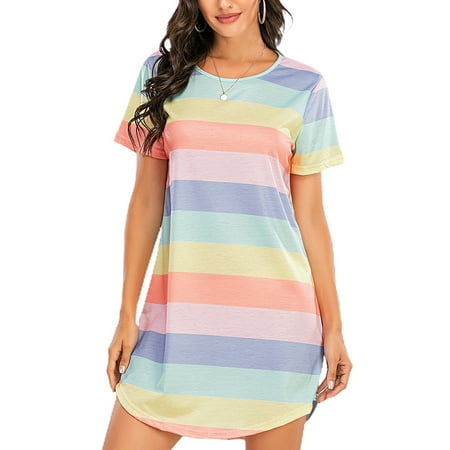 

Hanerdun Women Female Sleep Night T Shirt Dress Colorful Striped Loungewear Nightdress