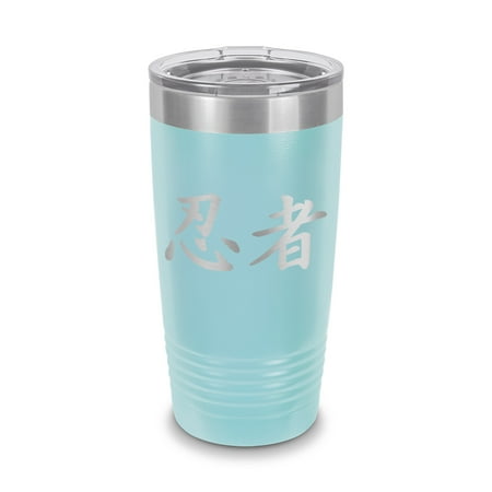 

Ninja Kanji Tumbler 20 oz - Laser Engraved w/ Clear Lid - Stainless Steel - Vacuum Insulated - Double Walled - Travel Mug - japanese shinobi mercenary - Light Blue