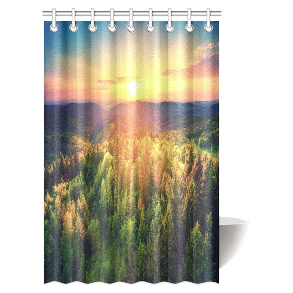 MYPOP Nature Landscape Decor Shower Curtain, Scenic Sunset over Forest